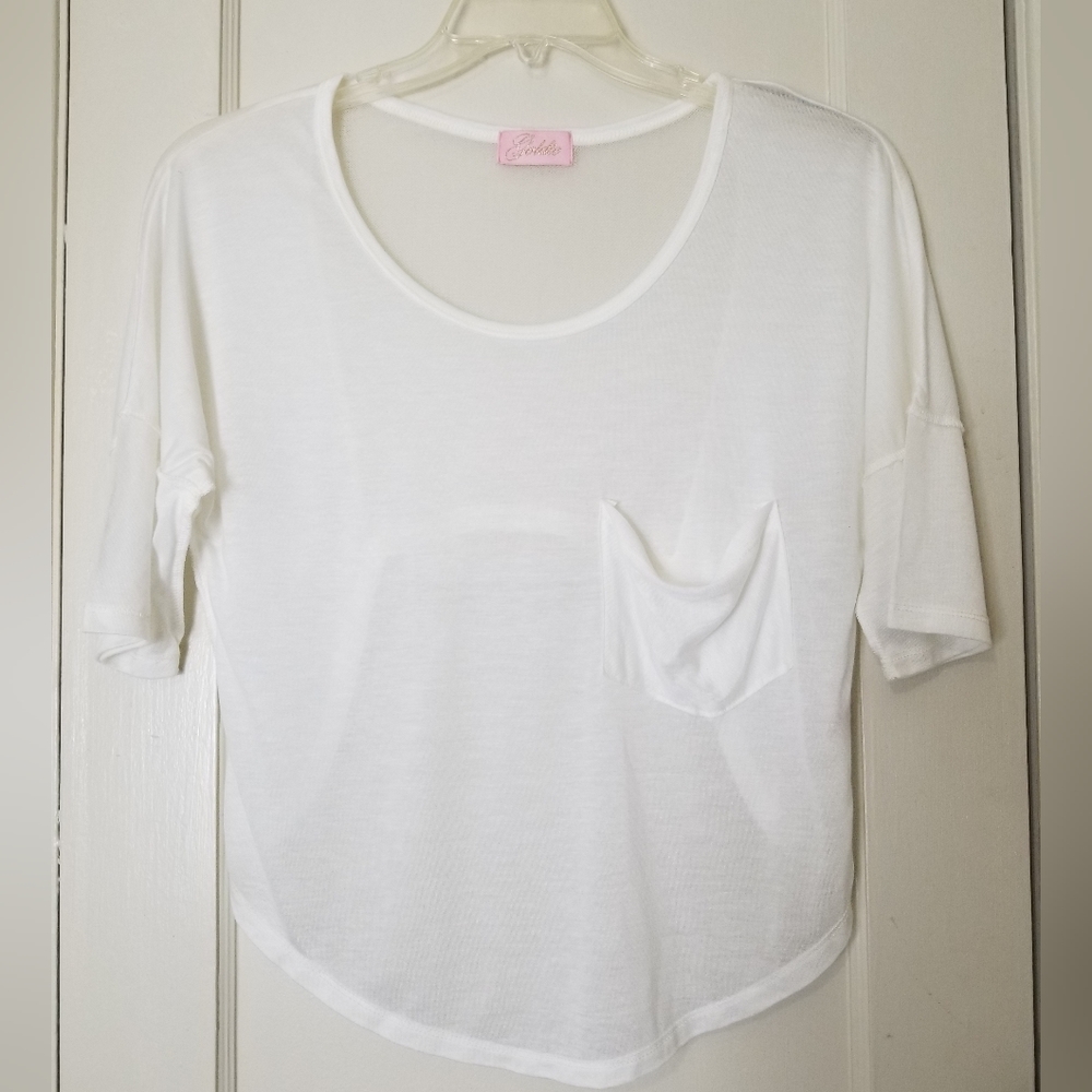 GOLDIE cream 3/4 sleeve semi sheer cutout back blouse XS